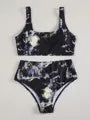 Women's marble tie-dye high-waisted bikini set with U-neck top for swimming sports