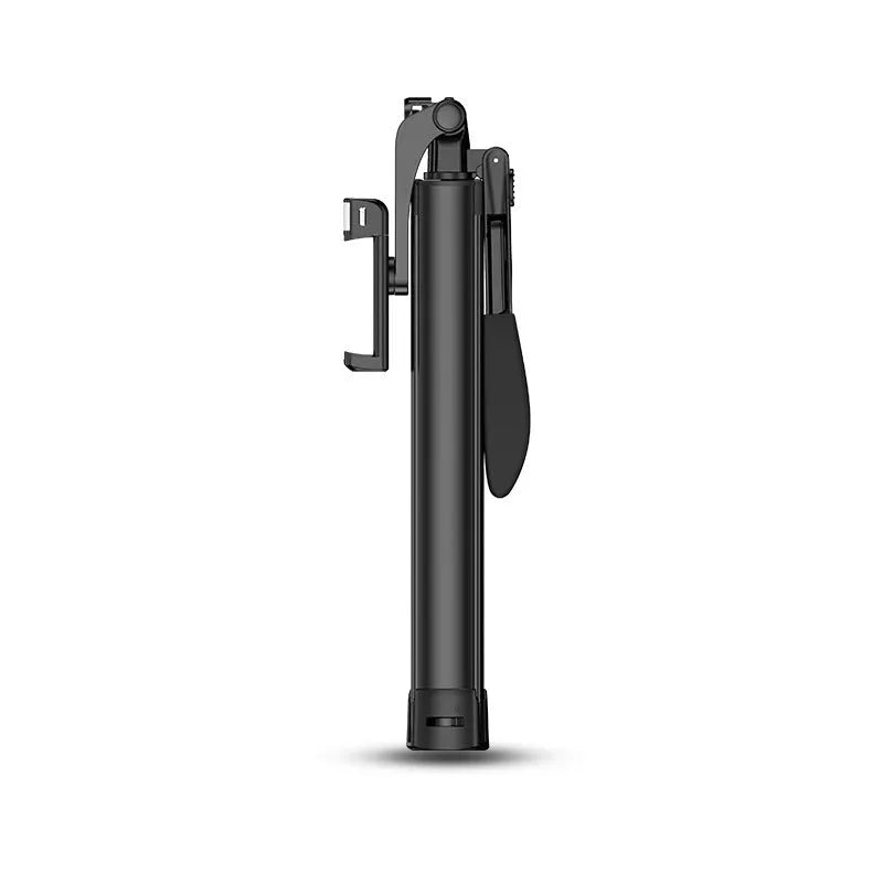 Black aluminium alloy Bluetooth selfie stick with tripod legs extended and a remote control.