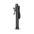 Black aluminium alloy Bluetooth selfie stick with tripod legs extended and a remote control.
