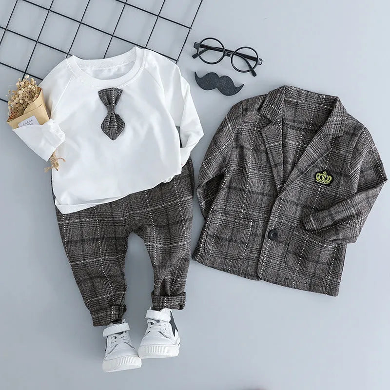 Boys' cotton three-piece suit set in coffee colour with trousers for ages 1-3 years