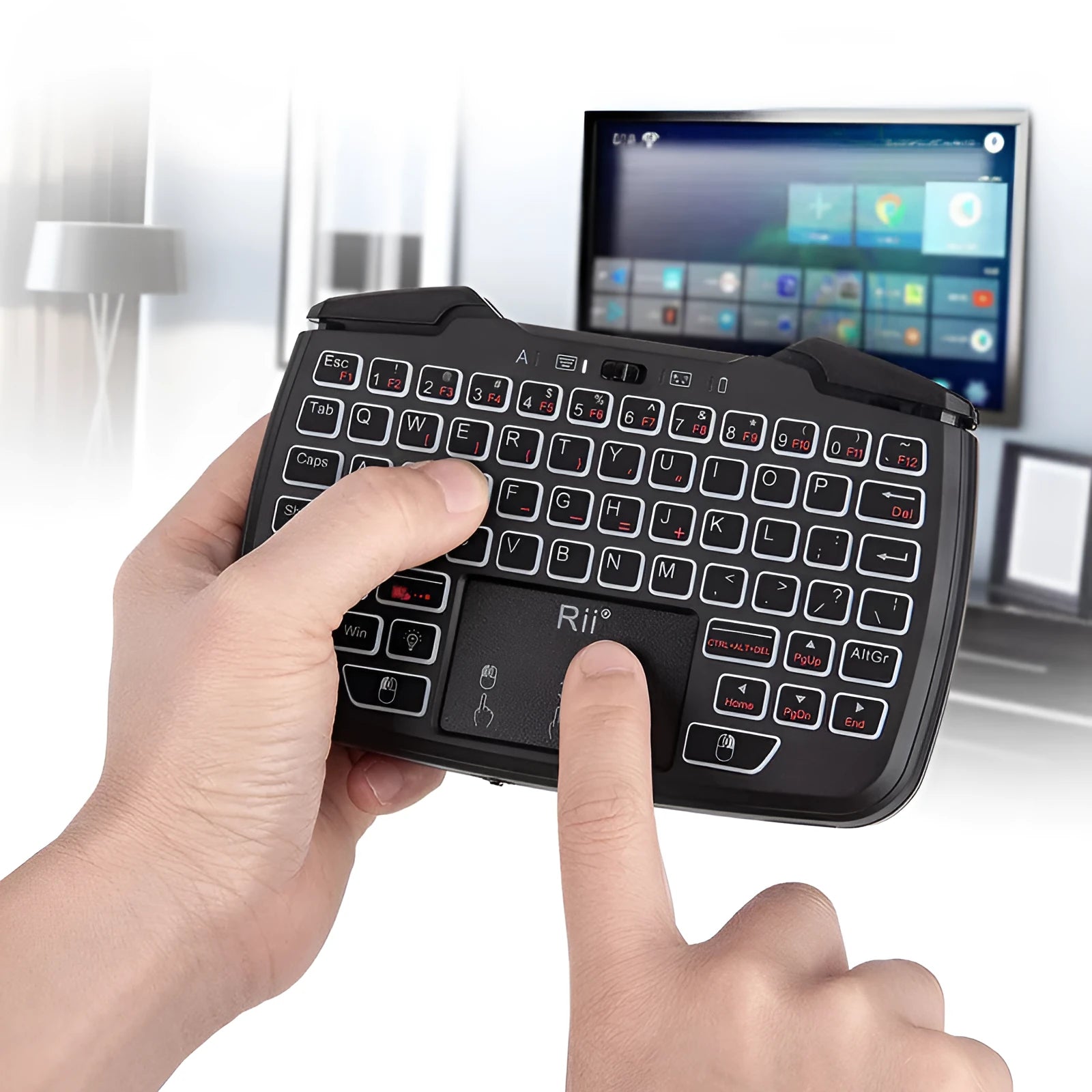 Wireless mini keyboard in black with USB receiver, compact ergonomic design for desktop use.