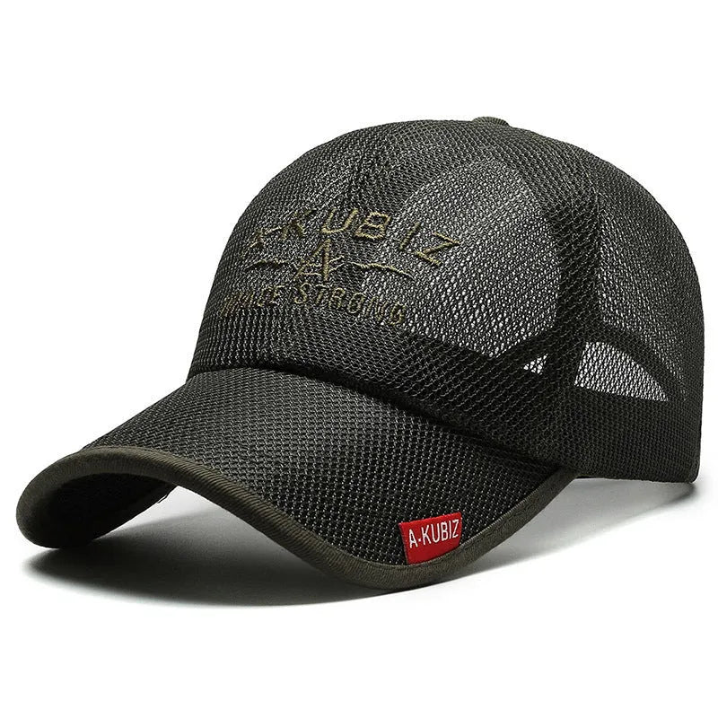 Men's adjustable baseball cap in army green cotton mesh with a dome crown.