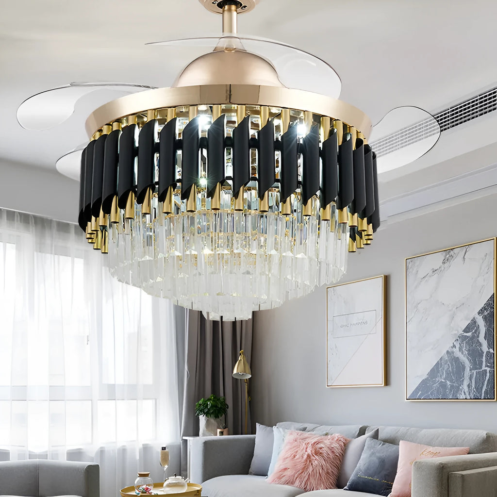 Crystal chandelier style ceiling fan with integrated LED light and remote control on a white ceiling.