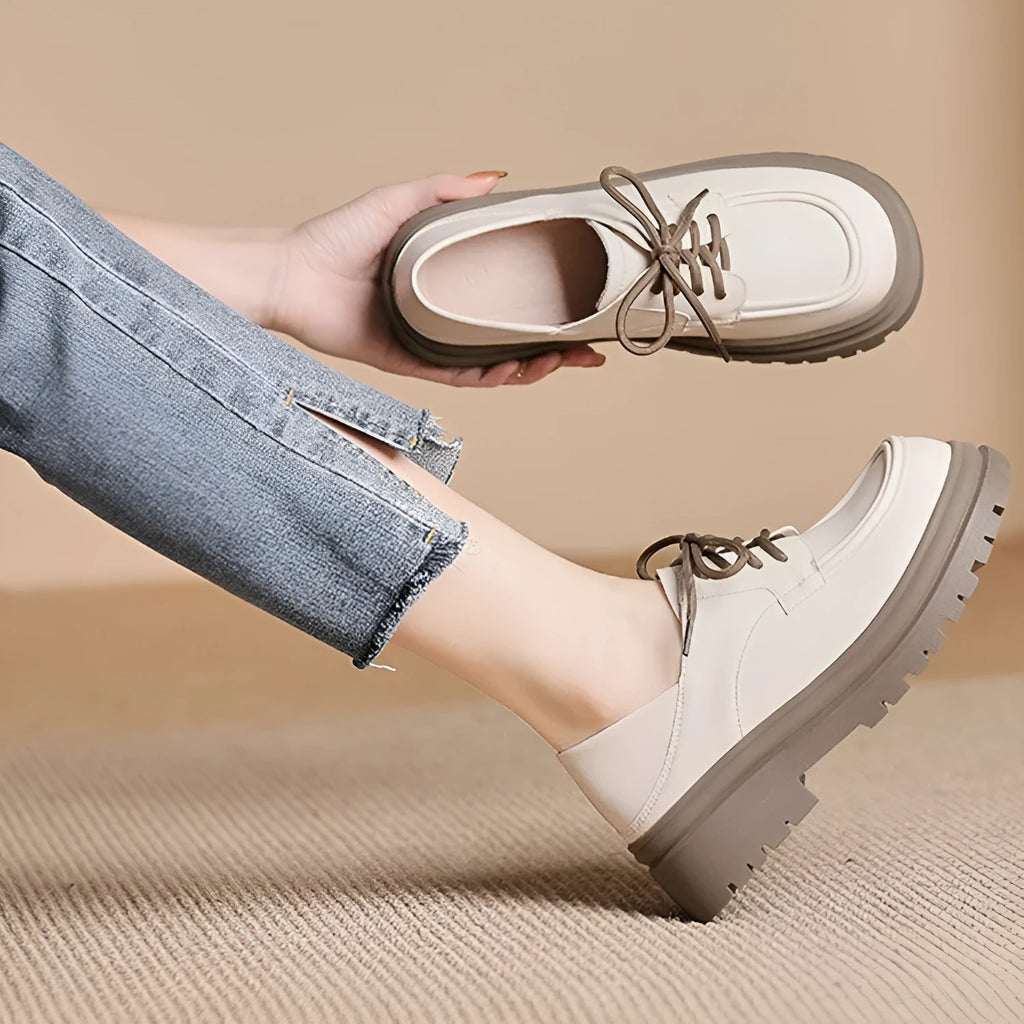 Deep cut thick heel lace-up shoes for women in apricot colour with 5cm heel and superfine fibre upper
