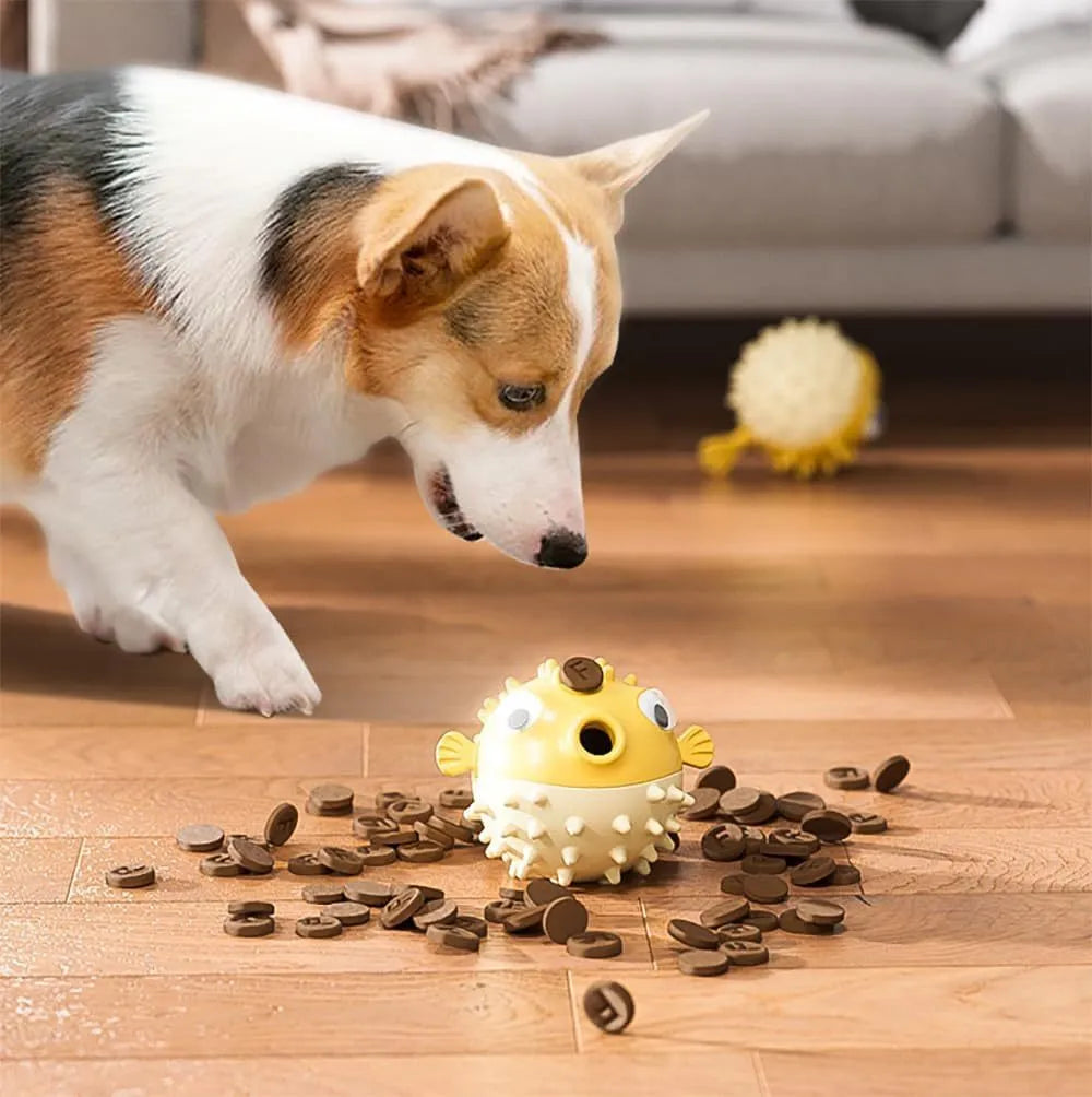 Fish shaped TPR interactive dog chew toy with treat dispensing slot and textured surface