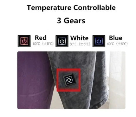 Dark grey USB heated coral fleece blanket with control button, shown folded.