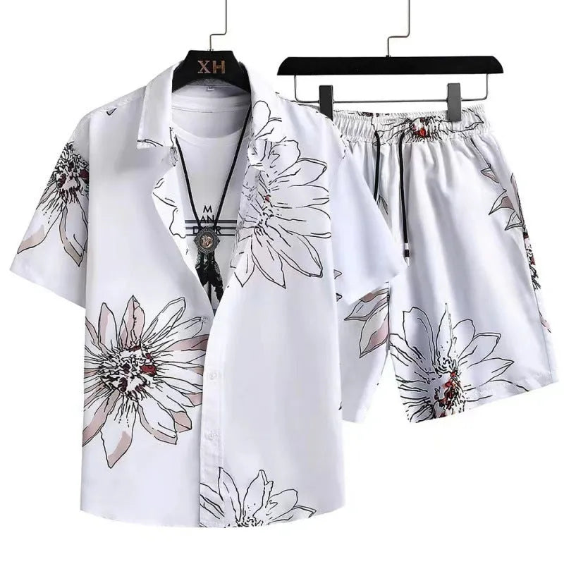 Man wearing a casual digital print short sleeve shirt and matching shorts, a polyester elastic suit set.
