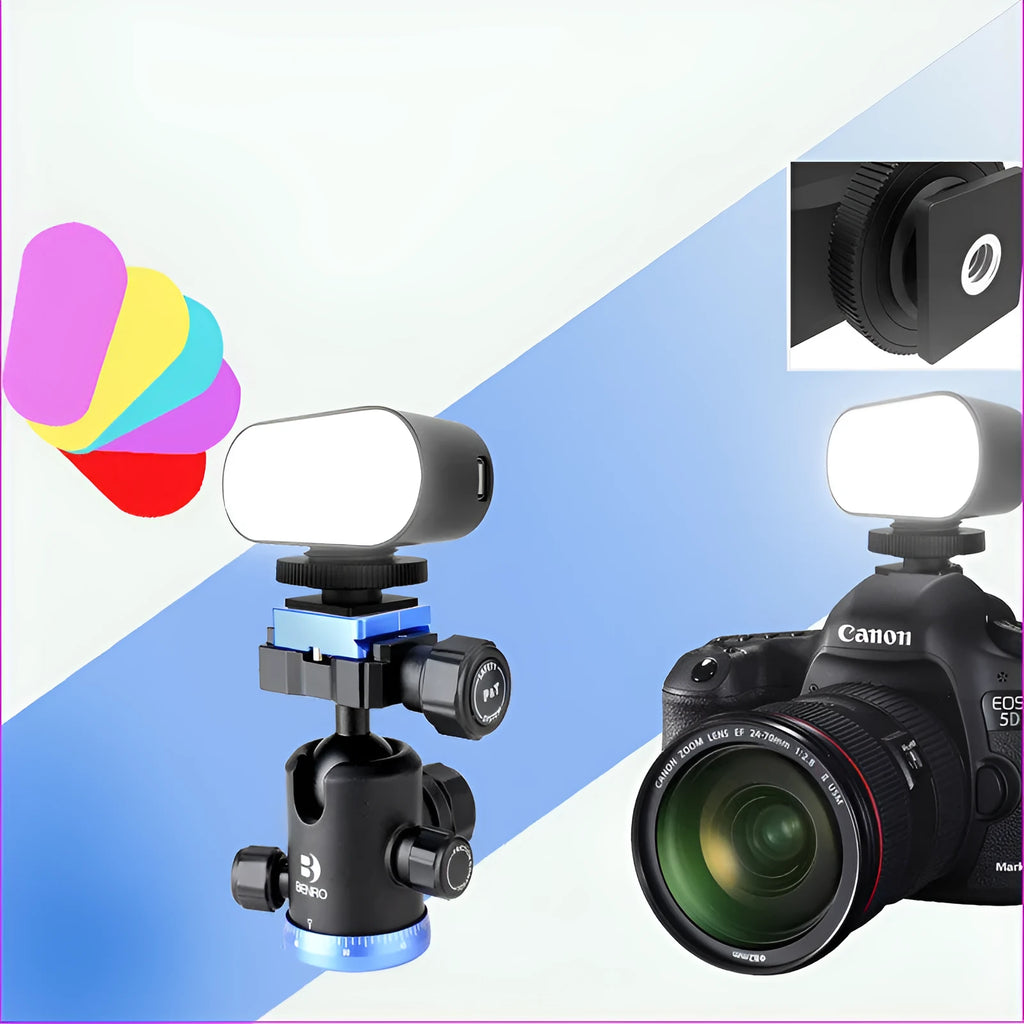 Black ST-30 handheld mobile phone fill light unit with diffuser and colour palettes.