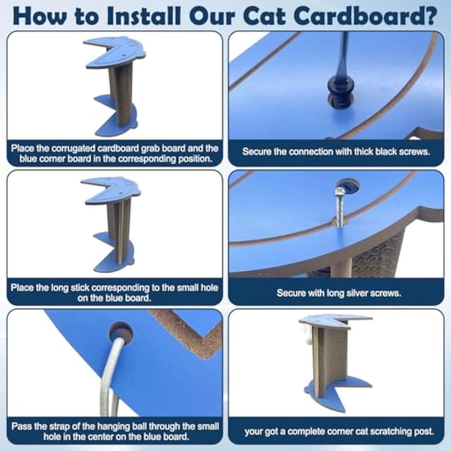 Grey corner-shaped cardboard cat scratching post with a white hanging ball, shown placed in a room corner.