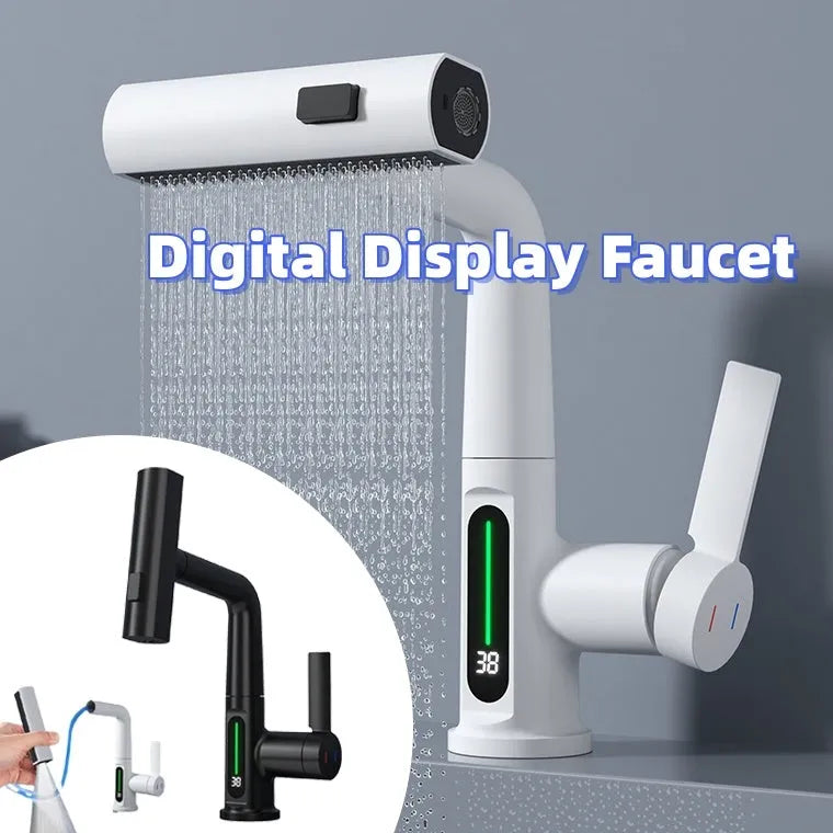 Modern pull-out kitchen faucet with digital temperature display on a black finish, showing extended hose.