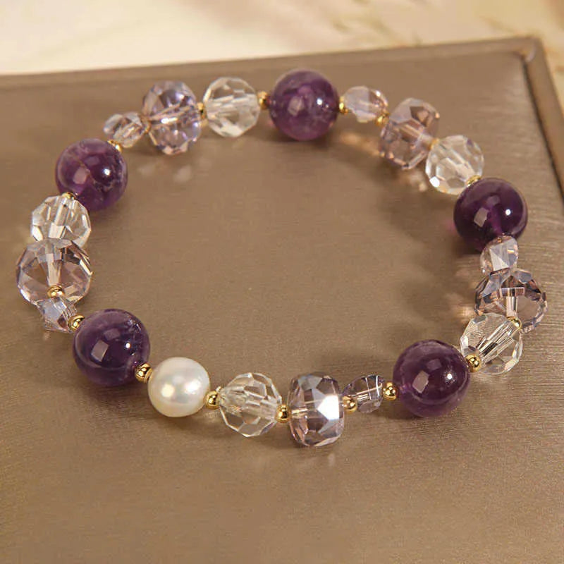 Women's artificial amethyst bracelet with U-shaped design and four-leaf clover charm