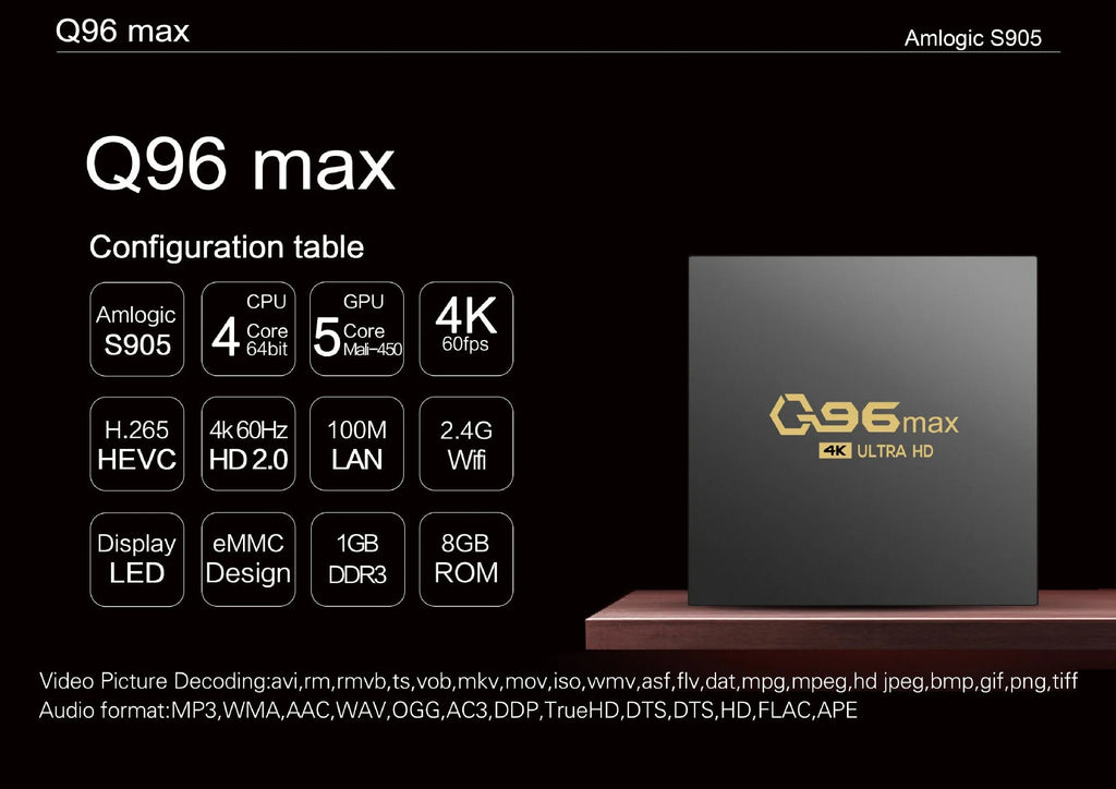 Q96 MAX S905 Android 4K TV set-top box with remote control and HDMI cable on a dark surface.