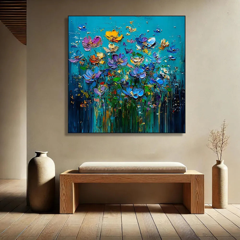 Hand-painted modern floral knife flower oil painting on square canvas without frame, textured 3D design, 100cm size