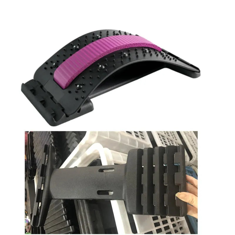 Adjustable back stretcher and waist massager with multiple massage heads in selectable colours.