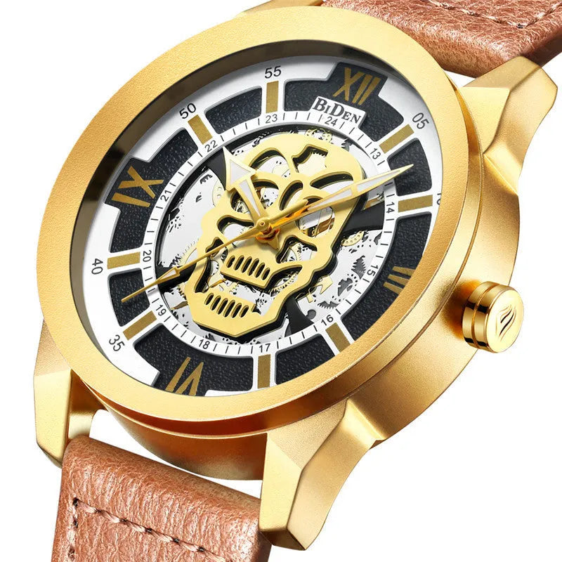 Biden men's hollow quartz watch with calendar display and brown leather strap