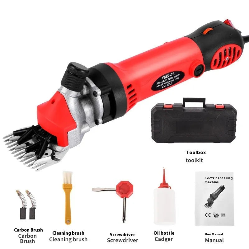 Yellow electric wool shears with 110V plug and multiple steel blades including 13-tooth straight knife
