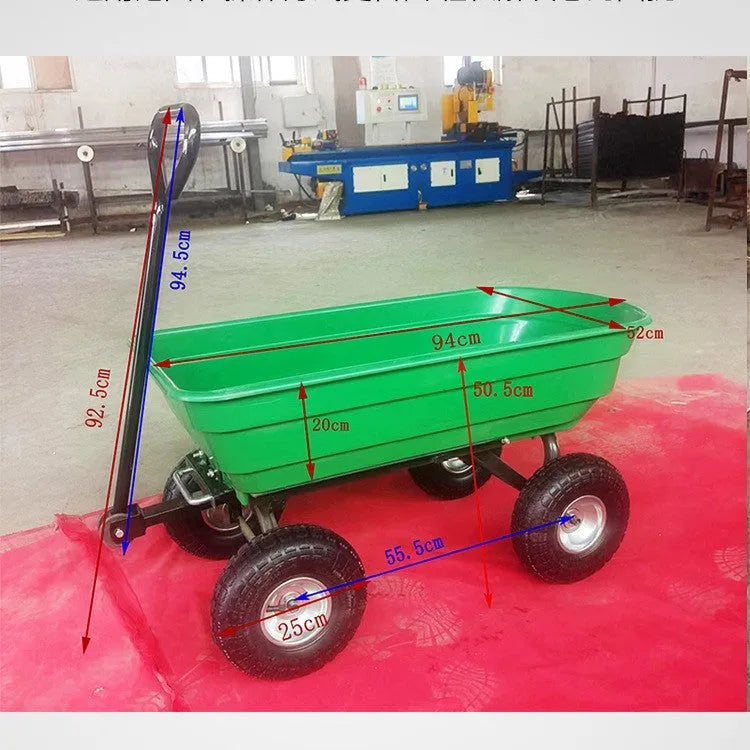 Green four-wheel plastic dump truck with a steel PP body, model TC2145.