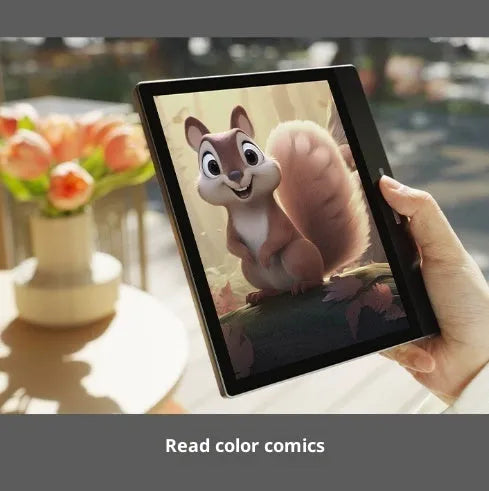 Black 7-inch colour E-ink e-book reader with capacitive stylus on a desk