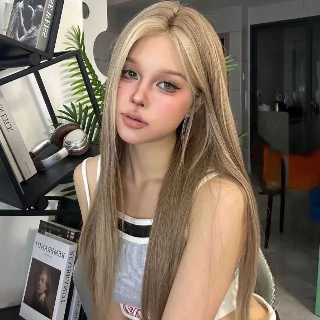 Golden brown gradient synthetic lace front wig with centre-parted full head construction