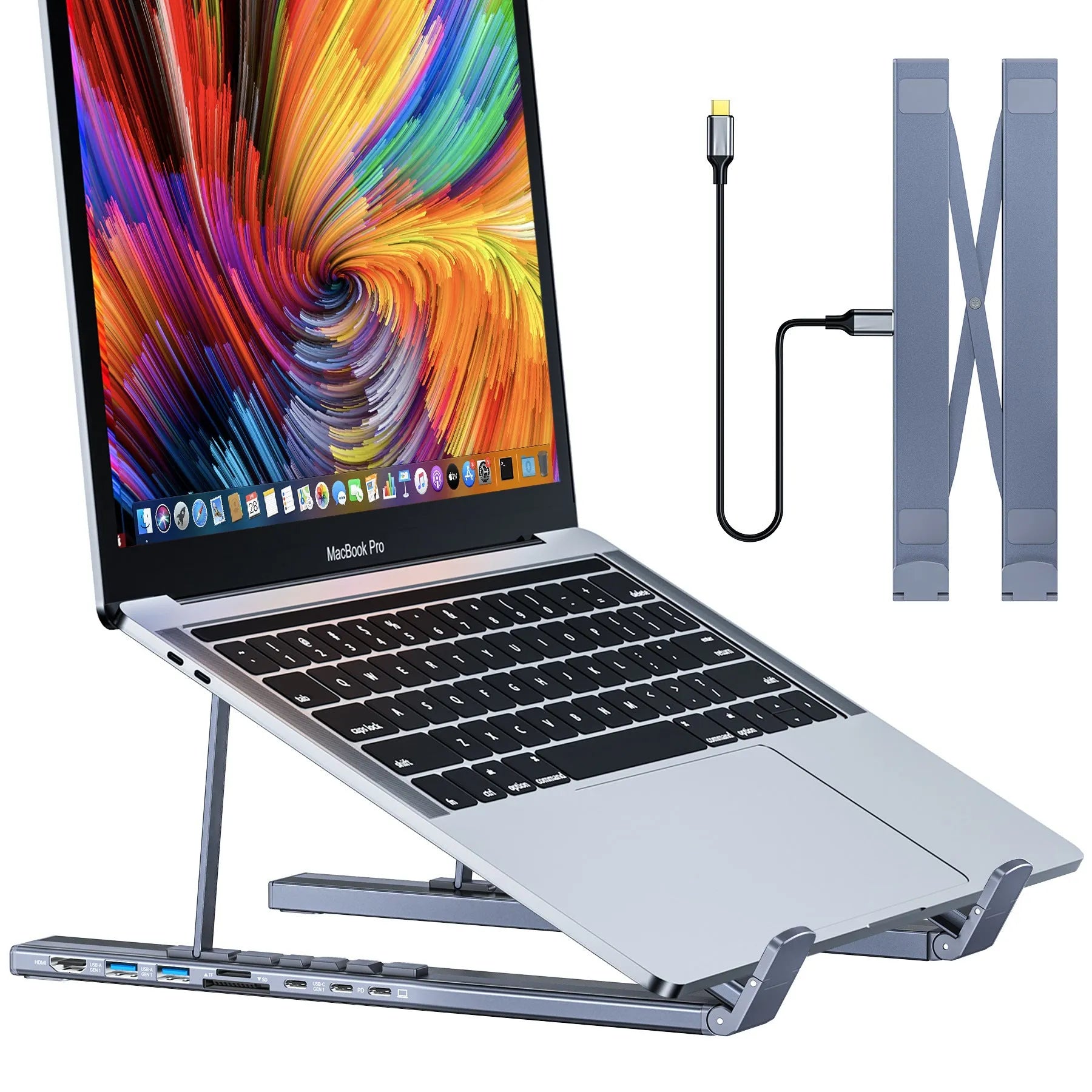 Aluminium alloy folding laptop docking stand with multi-port hub, shown in open and closed positions.