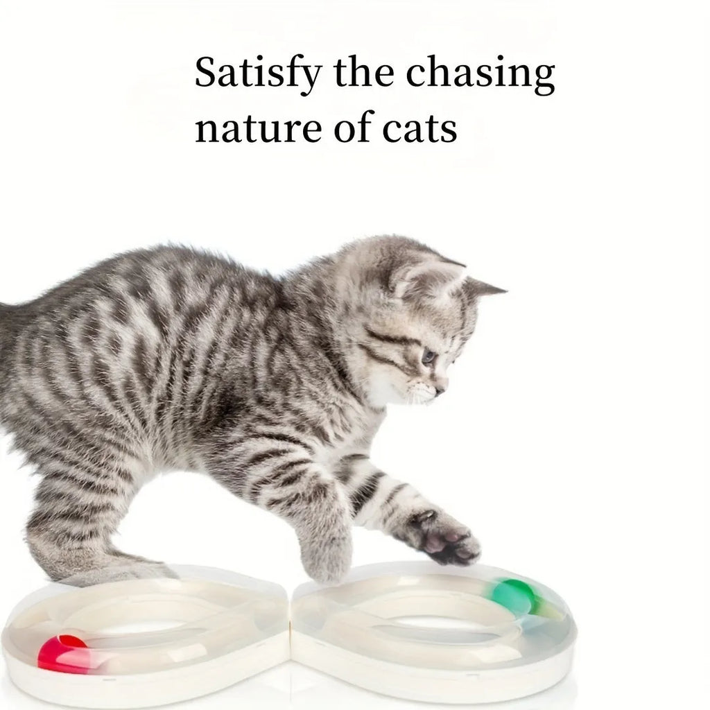 Cat toy set with turntable track ball amusement centre and teasing cat stick on blue background