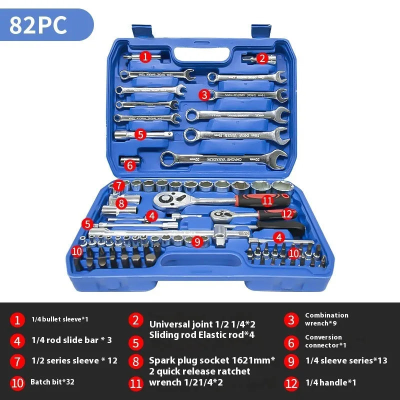 82-piece auto repair tool set in galvanized blue case with carbon steel ratchet wrenches