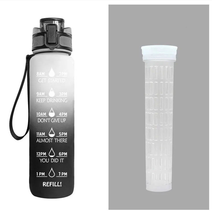 Blue and red gradient 1 litre Tritan sports water bottle with time markers and flip-top lid