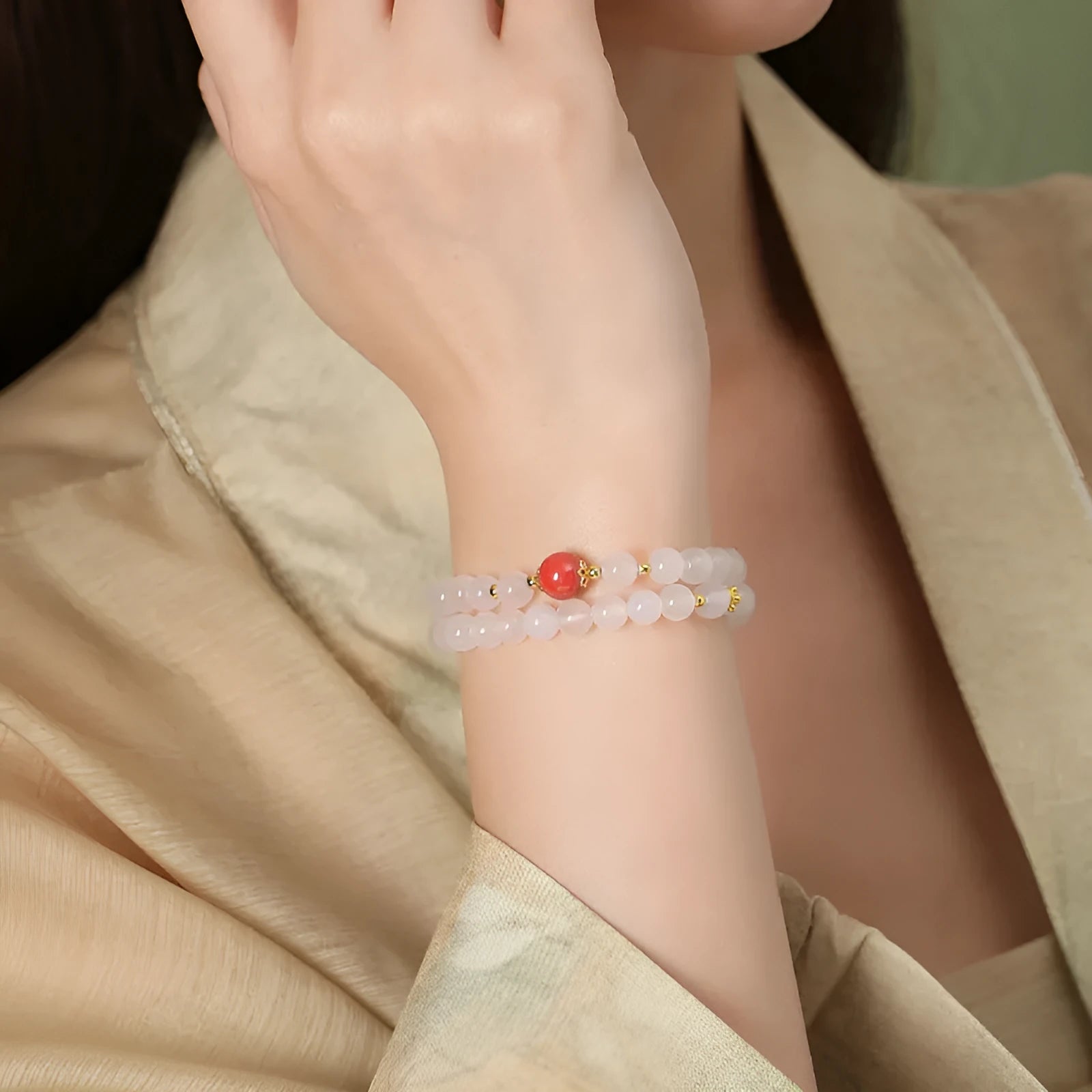 Women's double layer white agate bracelet with jequirity beans, 6mm geometry beads