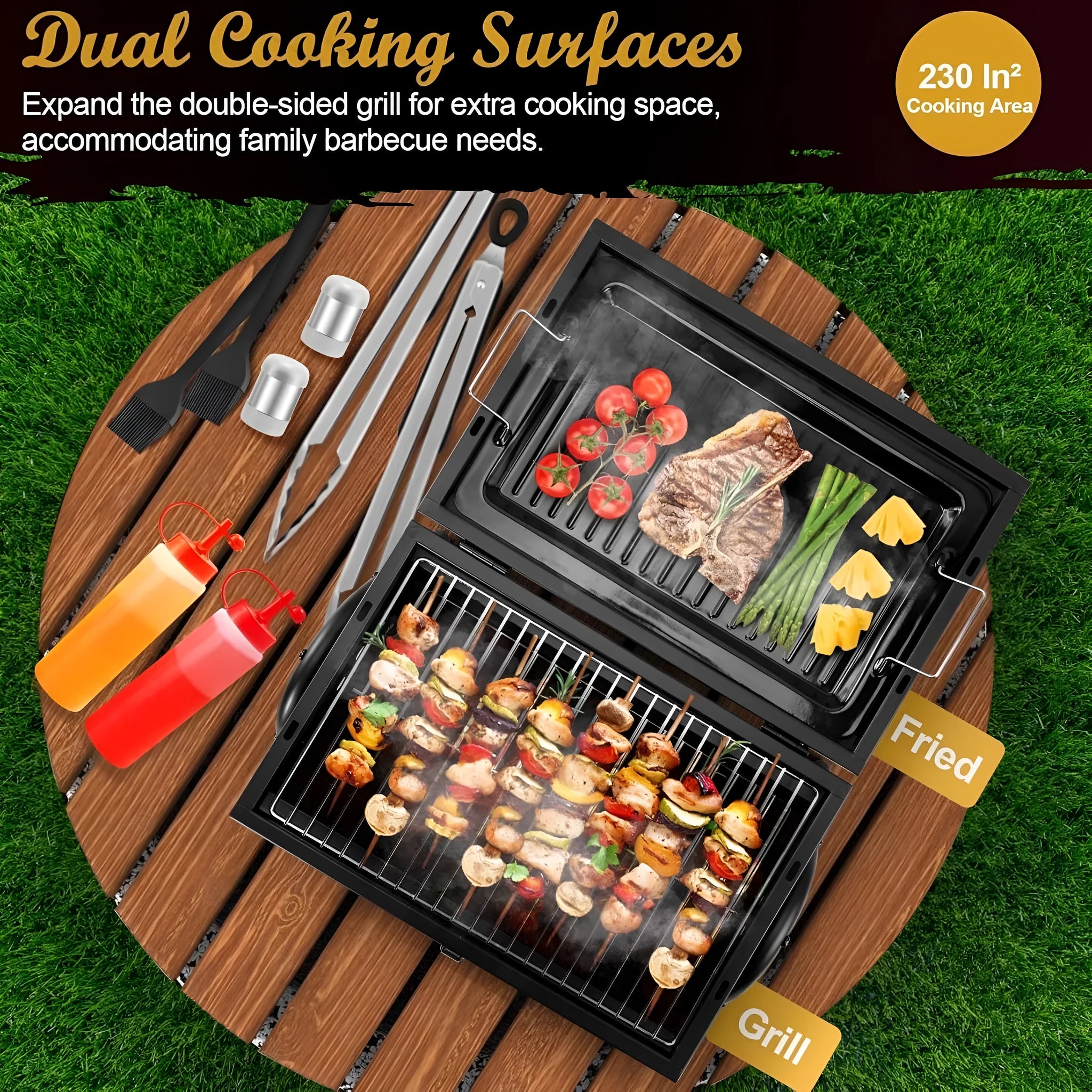 Small folding desktop charcoal barbecue grill shown in use on a table.