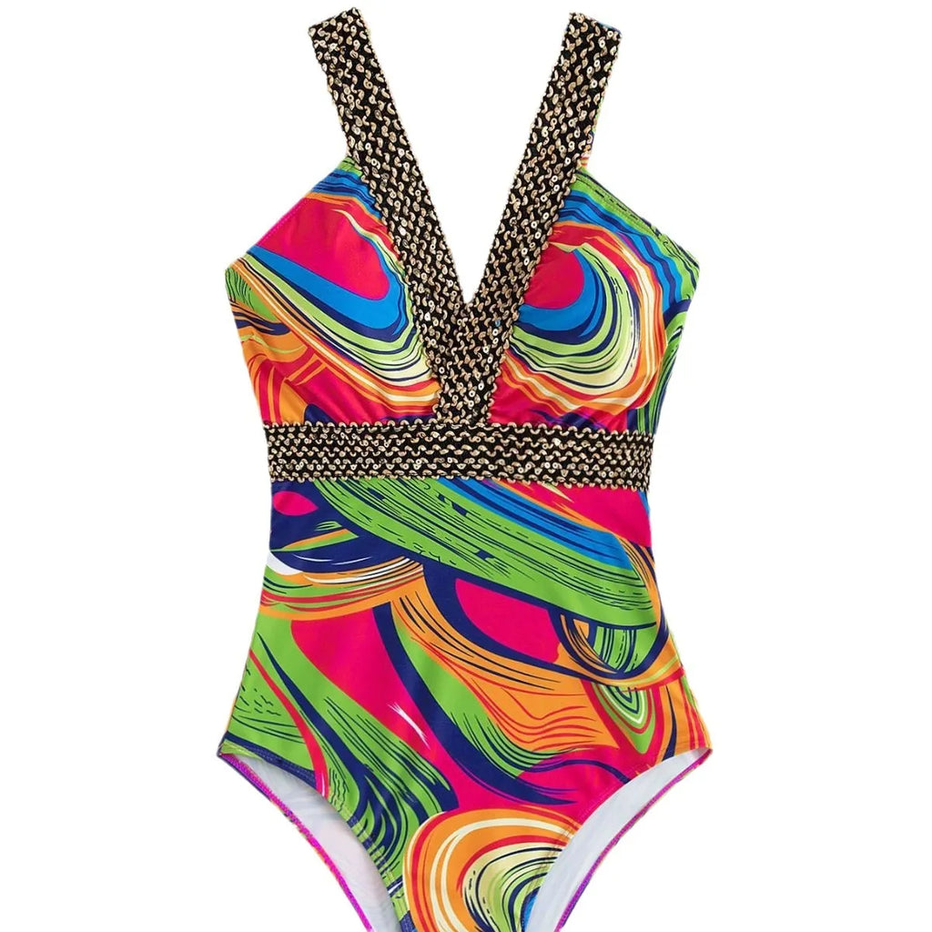Women's deep V neckline one-piece swimsuit with spaghetti straps in polyester fabric