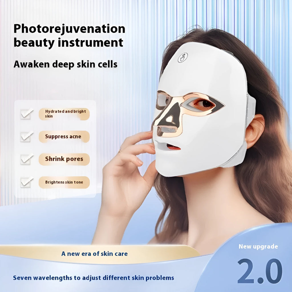 Rechargeable manual touch LED beauty mask in white gold rim, rose gold rim, or black gold rim finish.