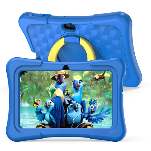 A blue children's educational tablet with a silicone cover and a black rotating handle bracket, showing a 7-inch screen.