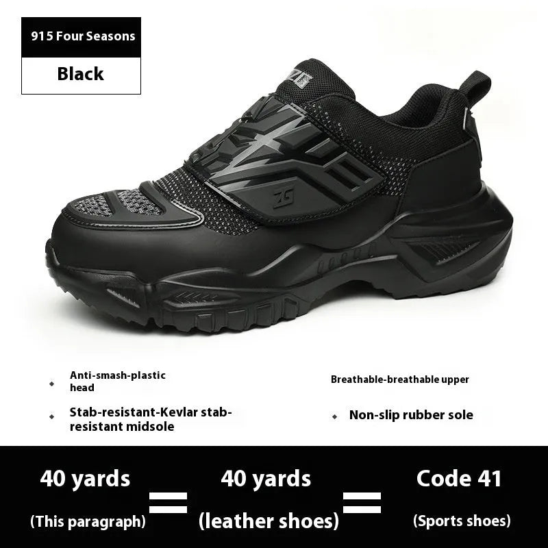 Black safety shoes with steel toe cap and anti-puncture sole, showing woven mesh fabric and TPU upper construction