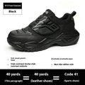 Black safety shoes with steel toe cap and anti-puncture sole, showing woven mesh fabric and TPU upper construction