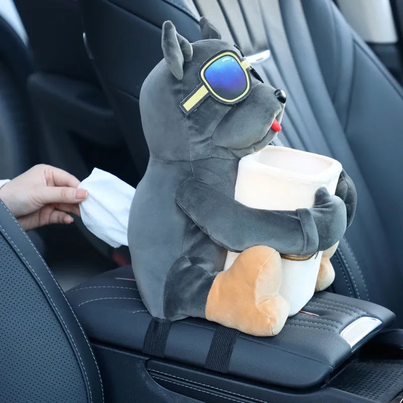 Plush fabric car tissue box for flip armrest showing Man Dog character design