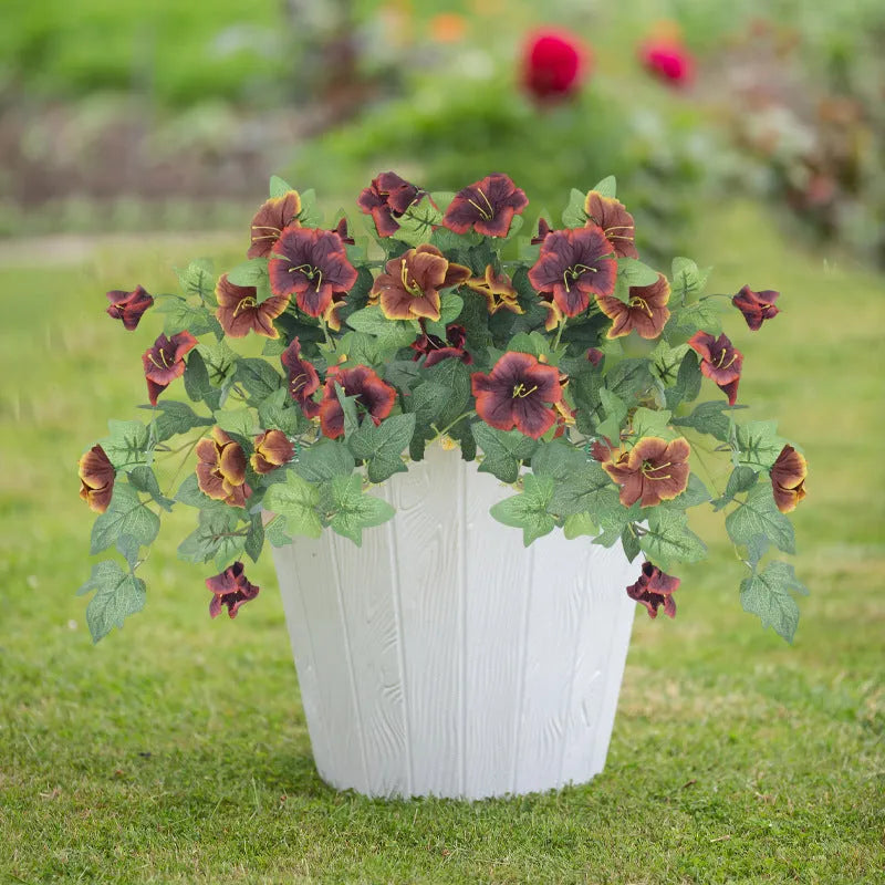 Plastic European courtyard artificial flower container with 12 fork branches and colourful silk flowers.