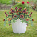 Plastic European courtyard artificial flower container with 12 fork branches and colourful silk flowers.