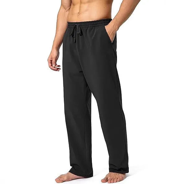 Men's loose polyester casual trousers in dark grey with mid waist and full length design