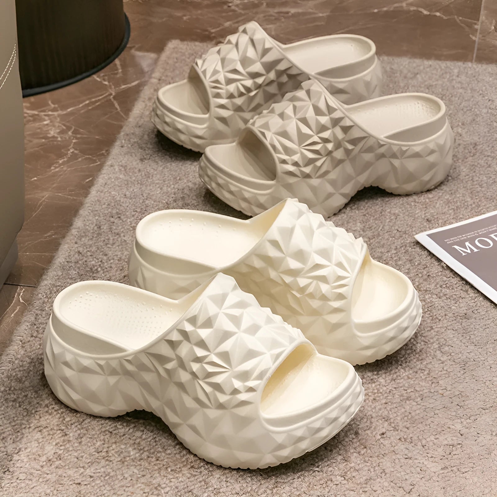 High heel EVA flip flop slippers with thick sole in khaki, black or white colours