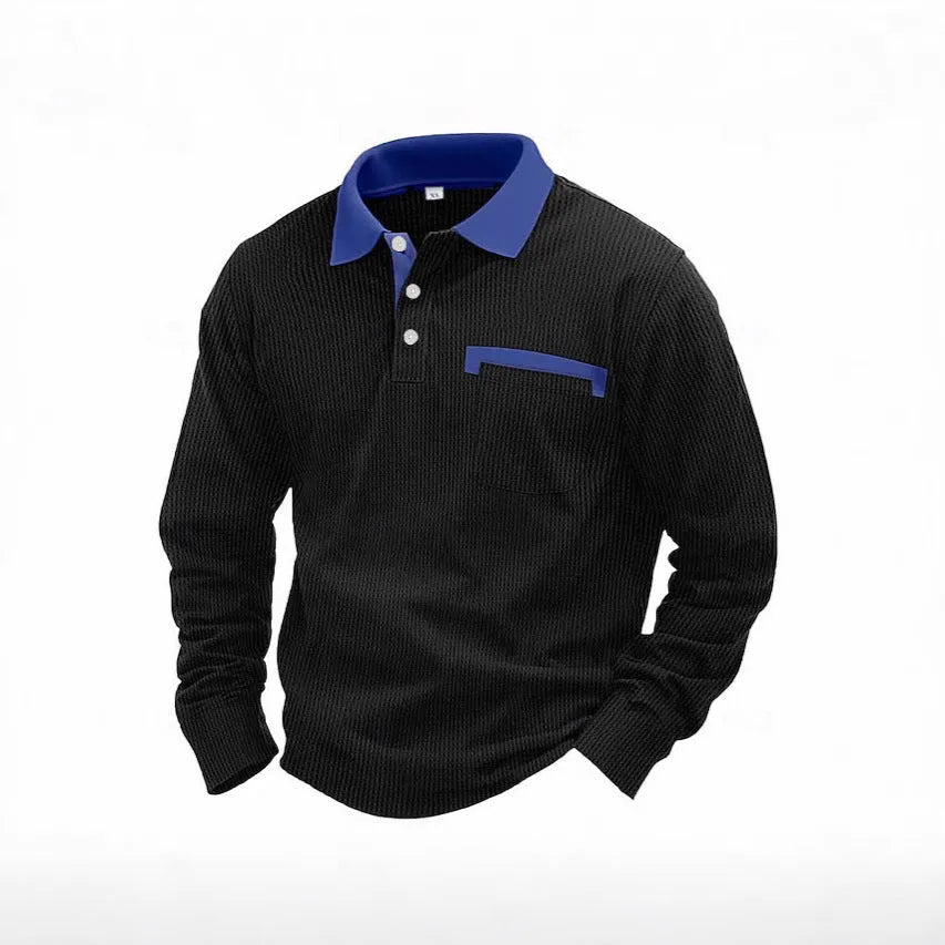 Men's long-sleeved waffle polo shirt in a solid colour with an asymmetrical retro style detail.