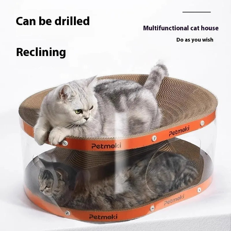 White transparent PVC and cardboard cat scratch board with integrated tunnel and nest.