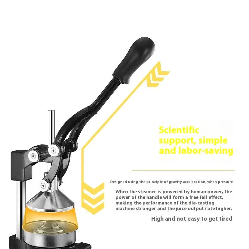 Black cast iron manual citrus juicer with stainless steel cone on a white background