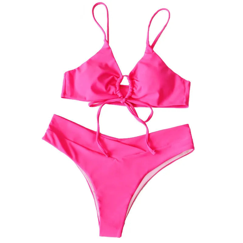 Women's pure colour tied bow split front bikini swimsuit in multiple colour options