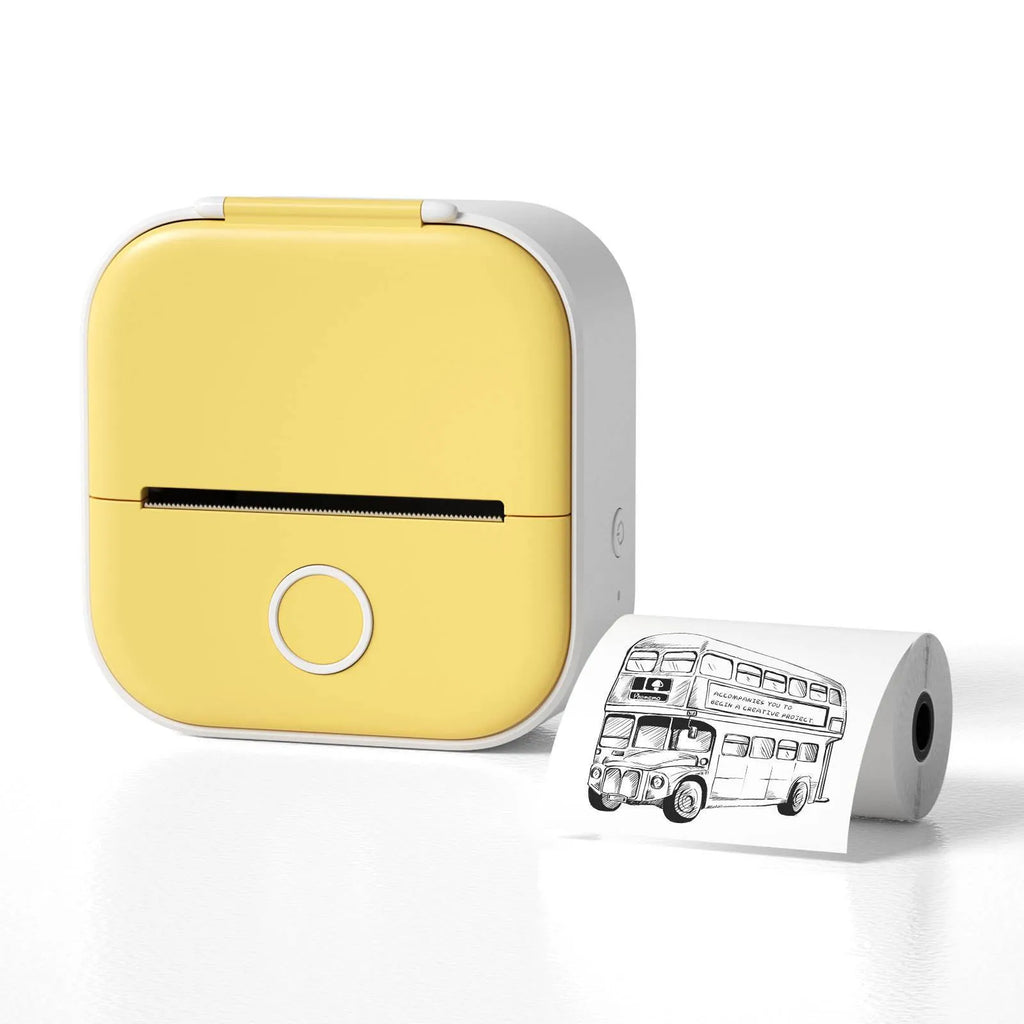 Mini portable USB printer with rabbit ear protective case in pink, green, or white.