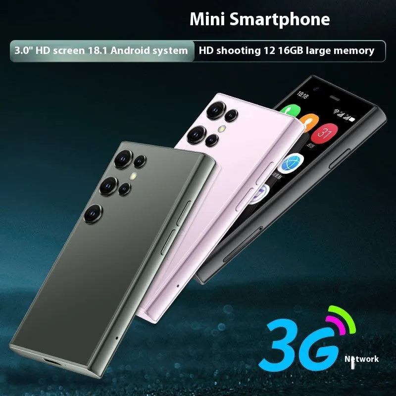Mini smartphone with 30-inch screen in black, green, or pink purple colours showing Android interface