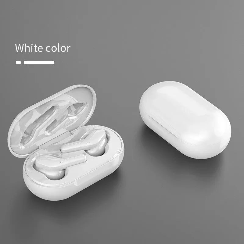 Black binaural Bluetooth V5.0 in-ear headphones with charging compartment and food-grade silicone ear caps