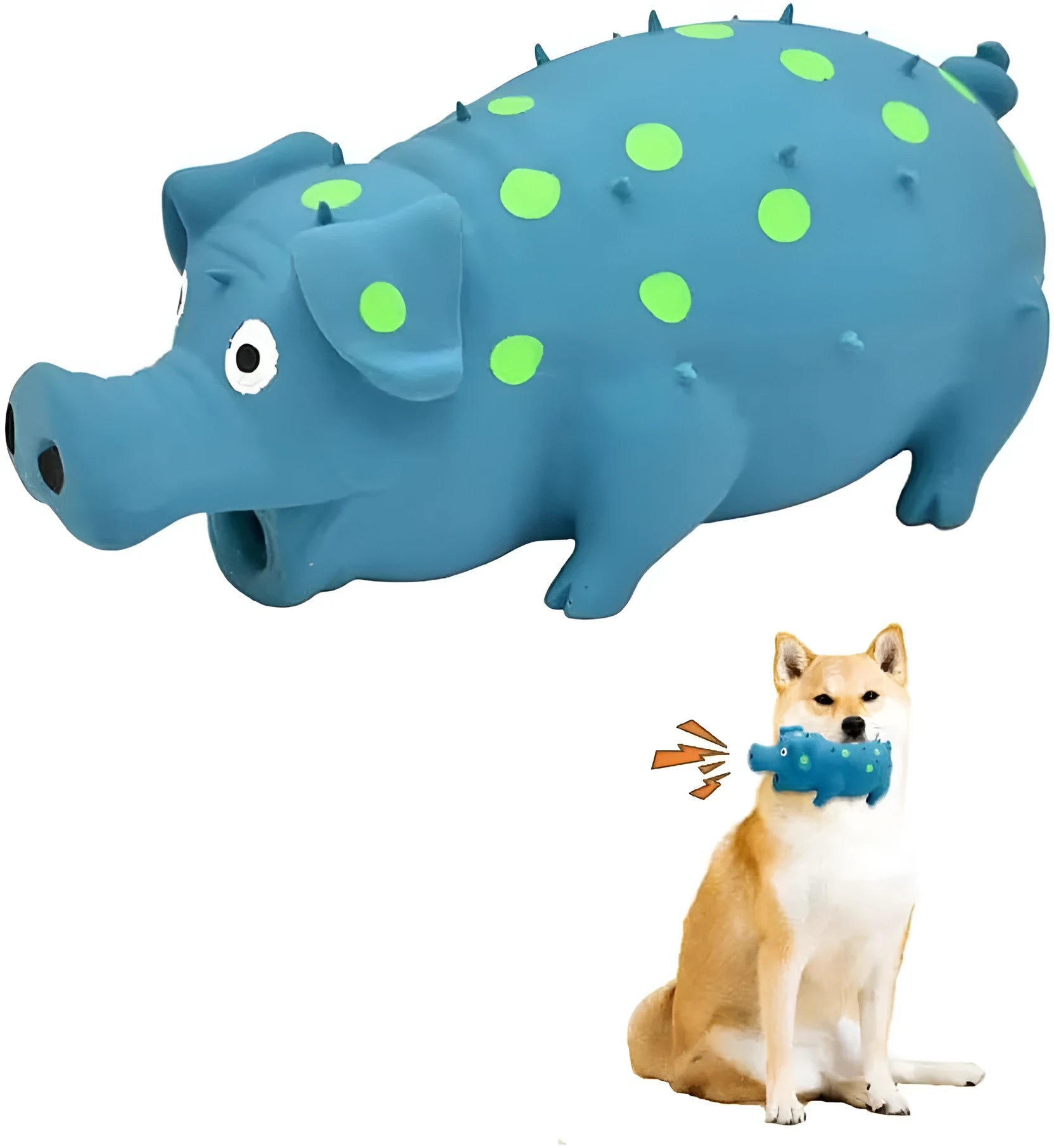 Blue latex pig-shaped dog chew toy with textured surface for teeth cleaning