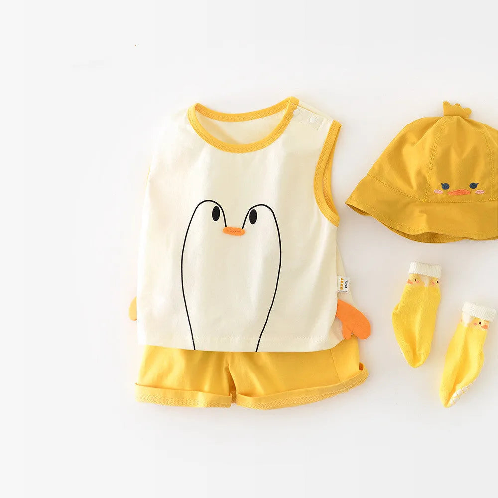 Infant toddler yellow cotton blend vest set with Big White Goose cartoon blouse and shorts
