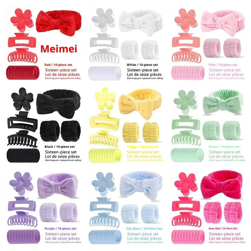 16-piece bow washing face hair band set with wrist strap, plaid pattern, multiple colours