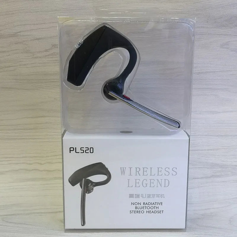 Black plastic Bluetooth sports headphones with a large battery, shown with a USB cable.